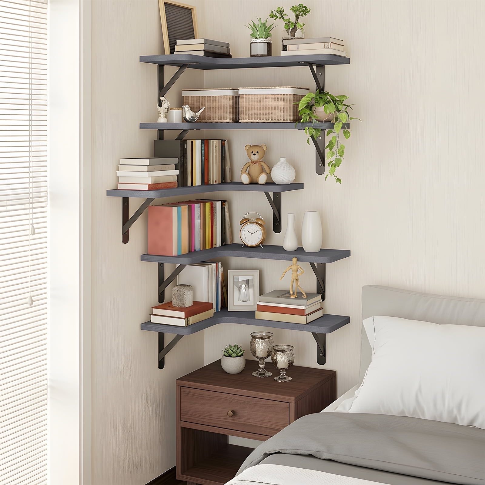 Fairy 5pcs Corner Floating Shelves for Wall, Rustic Wood Wall Shelves, 16.1x11.4 inches, Gray
