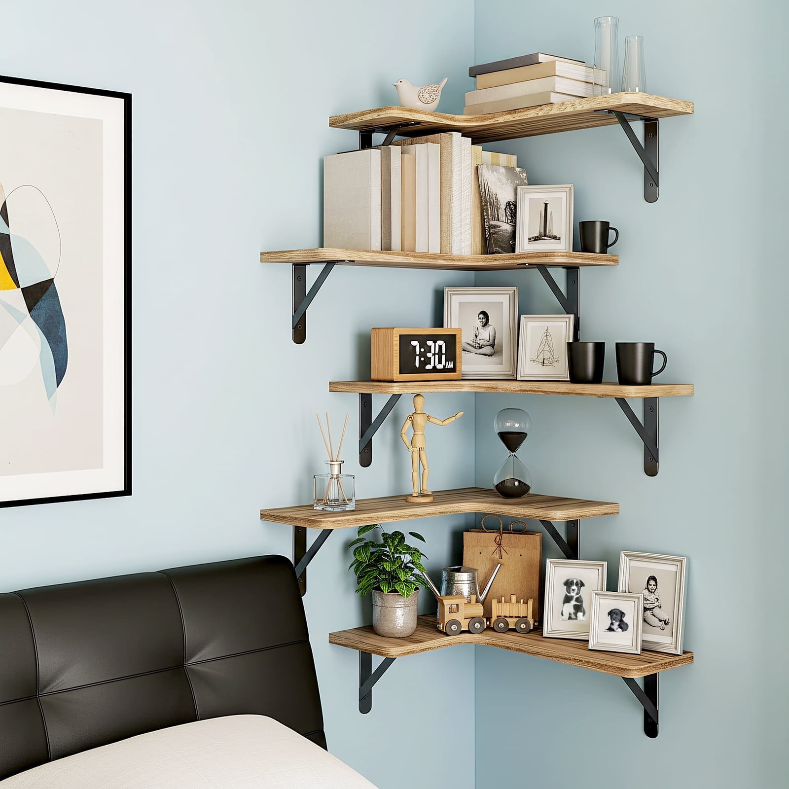 Fairy 5pcs Corner Floating Shelves for Wall, Rustic Wood Wall Shelves, 16.1x11.4 inches, Light Brown