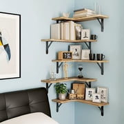 Fairy 5pcs Corner Floating Shelves for Wall, Rustic Wood Wall Shelves, 16.1x11.4 inches, Light Brown