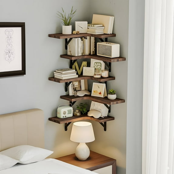 Fairy 5pcs Corner Floating Shelves for Wall, Rustic Wood Wall Shelves, 16.1x11.4 inches, Red Brown