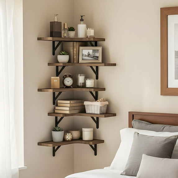 Fairy 5pcs Corner Floating Shelves for Wall, Rustic Wood Wall Shelves, 16.1x11.4 inches, Walnut