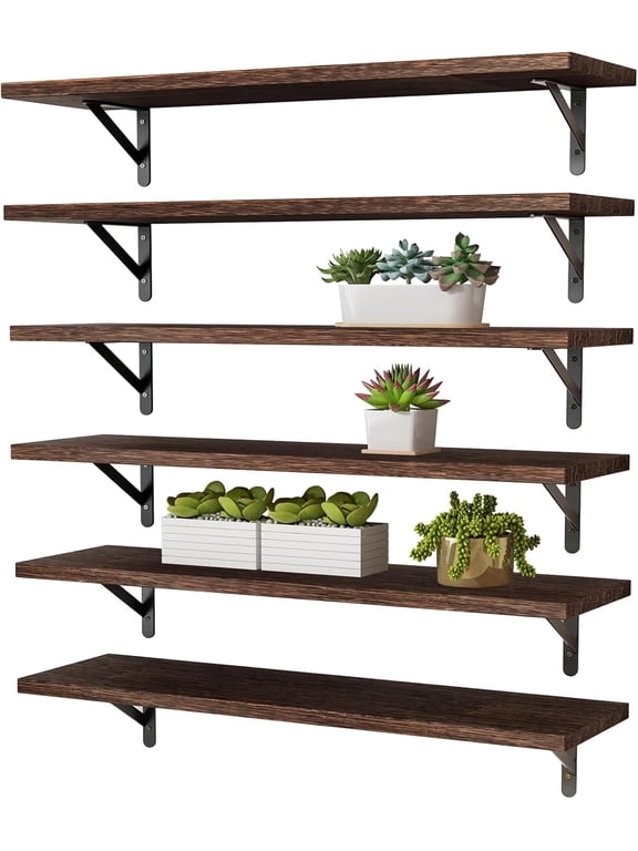 6 Pcs 23.6 Inch Charred Paulownia Wood Floating Shelves, Wall Mount Storage Rack with Metal Brackets, Rustic Display Organizer for Kitchen Bedroom Bathroom Living Room Home Wall Decor