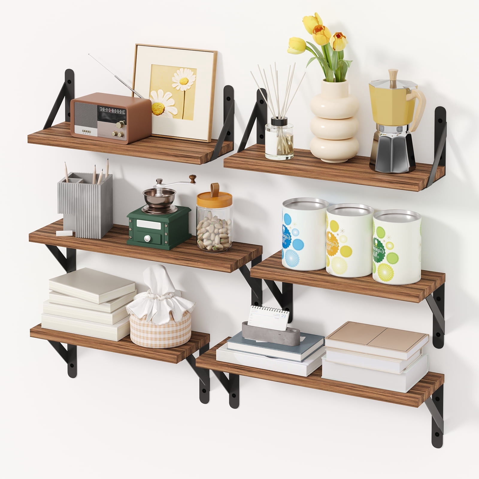 Fairy 6pcs Floating Shelves, Wall Shelves for Bedroom, Bathroom Storage, 4.3x16.5x6.1in, Dark Carbonized Black