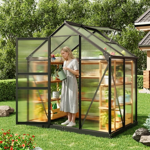 Fairy 6x4 FT Walk-in Greenhouse, Aluminum Frame Outdoor Green House with Polycarbonate Panels & Roof Vent for Backyard Gardening