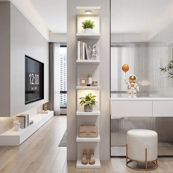 Fairy 7-Tier Wall Mounted Shelf Unit, White Floating Shelves with LED Lights, Home Decor Organizer and Display Rack