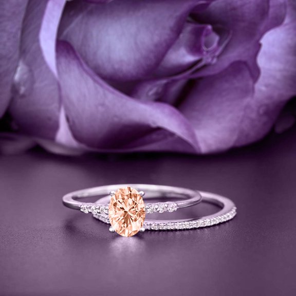 Fairy Art deco 2.00 Carat Oval Cut Morganite And Diamond Moissanite Engagement Ring Set, Classic Wedding Ring in 925 Sterling Silver With 18k White Gold Plating, Promise Ring, Bridal Ring Se