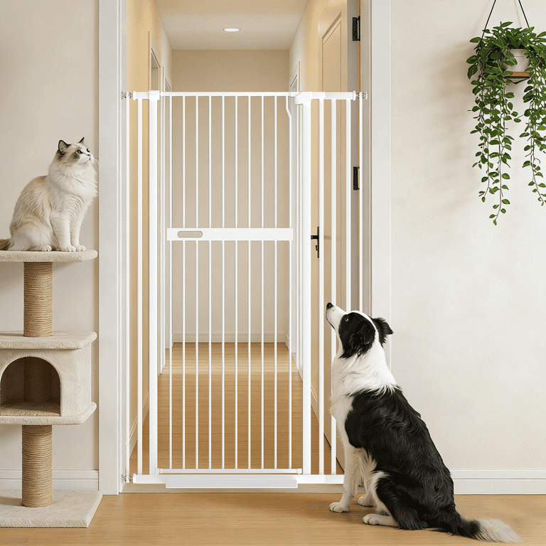 Fairy Baby Tall Cat Gate with Pet Door, Pressure Mounted White