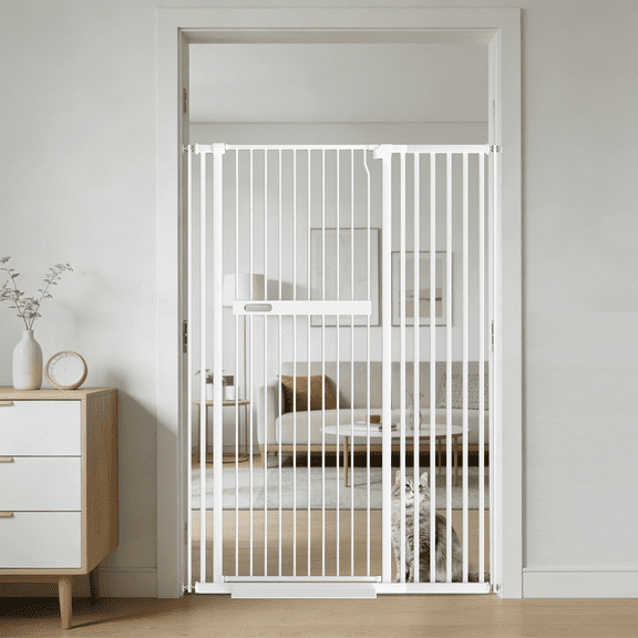 Fairy Baby 61-inch Extra Tall Cat Gate, 30-47" Pressure Mounted, 1.37-inch Narrow Spacing, White Alloy Steel for Pets & Babies