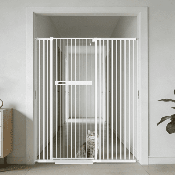 Fairy Baby 61-inch Extra Tall Cat Gate, 30-63" Pressure Mounted, 1.37-inch Narrow Spacing, White Alloy Steel for Pets & Babies
