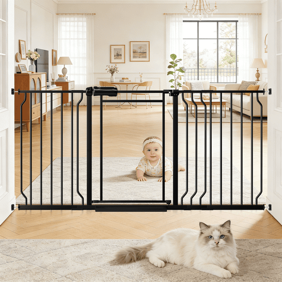 Fairy Baby Baby Safety Gate with Doorways,57"-64" Extra Wide Pressure Mount Pet Gate Black Metal