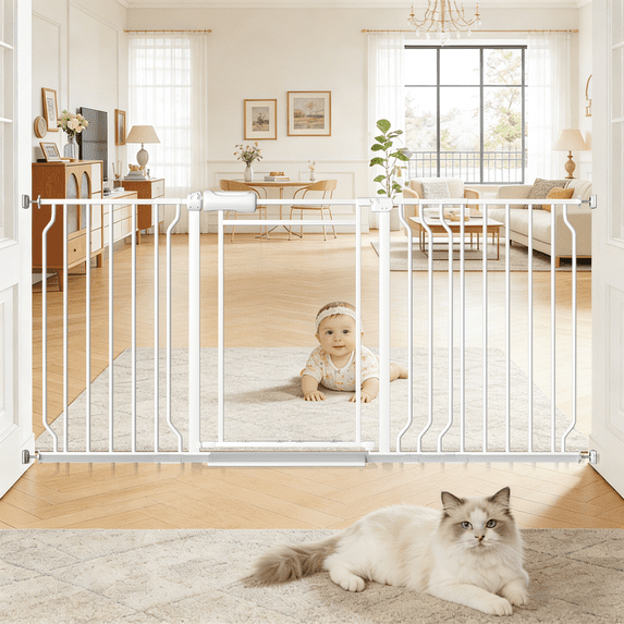 Fairy Baby Triple Lock Baby Gate with Clear Acrylic Panel - Adjustable 57-64" Wide Pressure Mount for Stairs Doorways