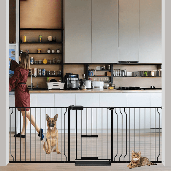 Fairy Baby Baby Safety Gate with Cat Door,76"-86" Extra Wide Pressure Mount Pet Gate Black Metal