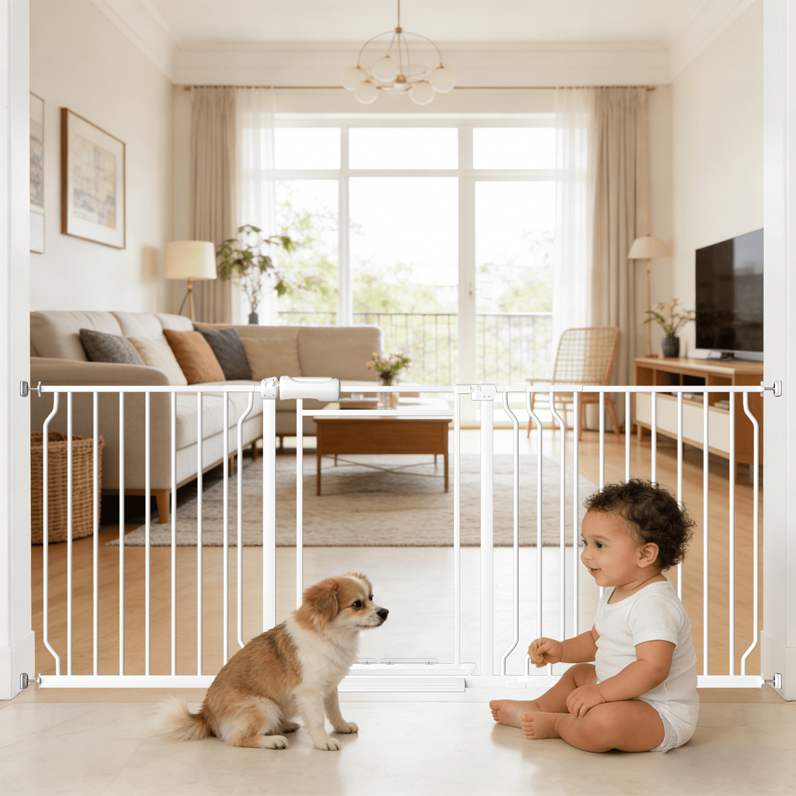Fairy Baby Triple Lock Baby Gate with Clear Acrylic Panel - Adjustable 65-73" Wide Pressure Mount for Stairs Doorways