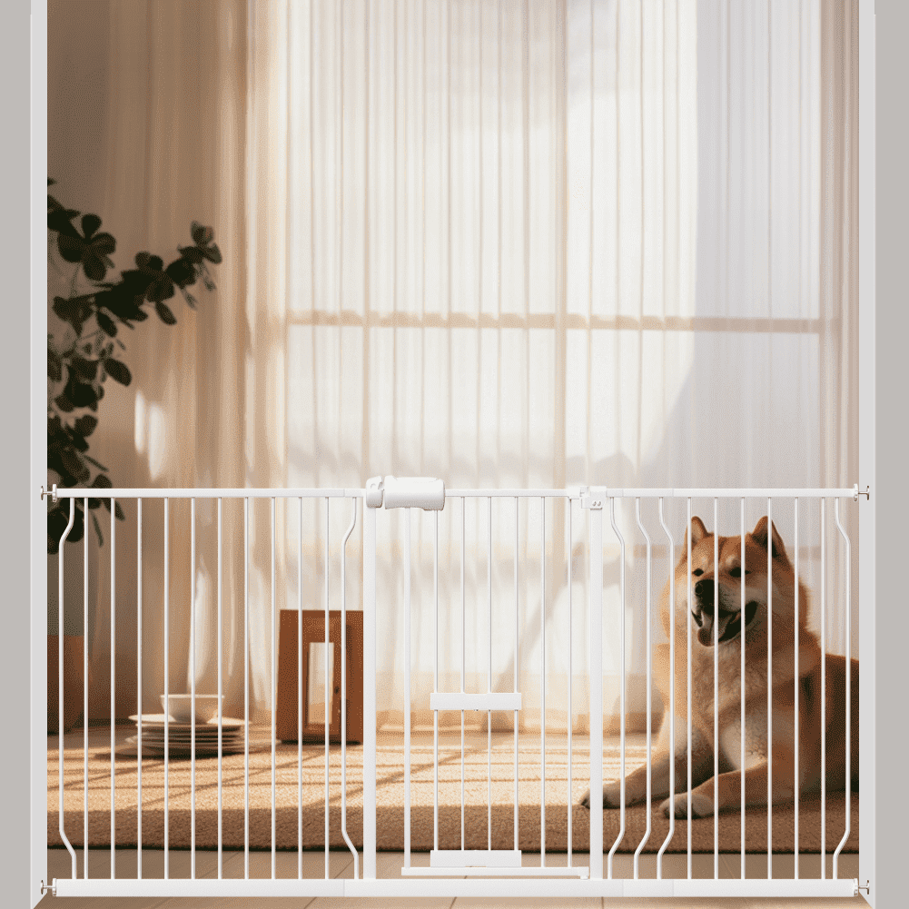 Fairy Baby Baby Safety Gate with Cat Door,86"-95" Extra Wide Pressure Mount Pet Gate White Metal