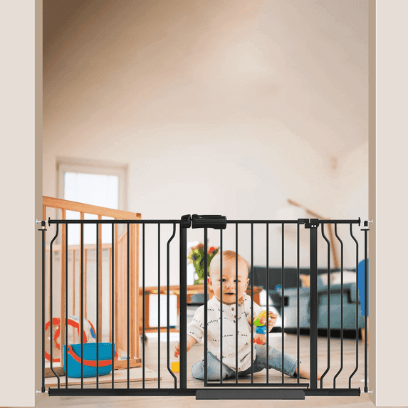 FURDEAR 47-56" Extra Wide Baby Safety Gate with Wall Protectors Walk Thru Black Metal Gate