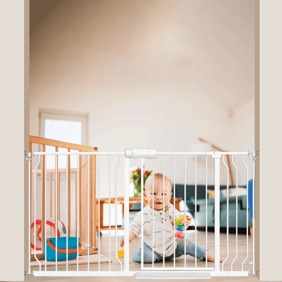 FURDEAR 48-56" Extra Wide Baby Safety Gate with Wall Protectors Walk Thru White Metal Gate