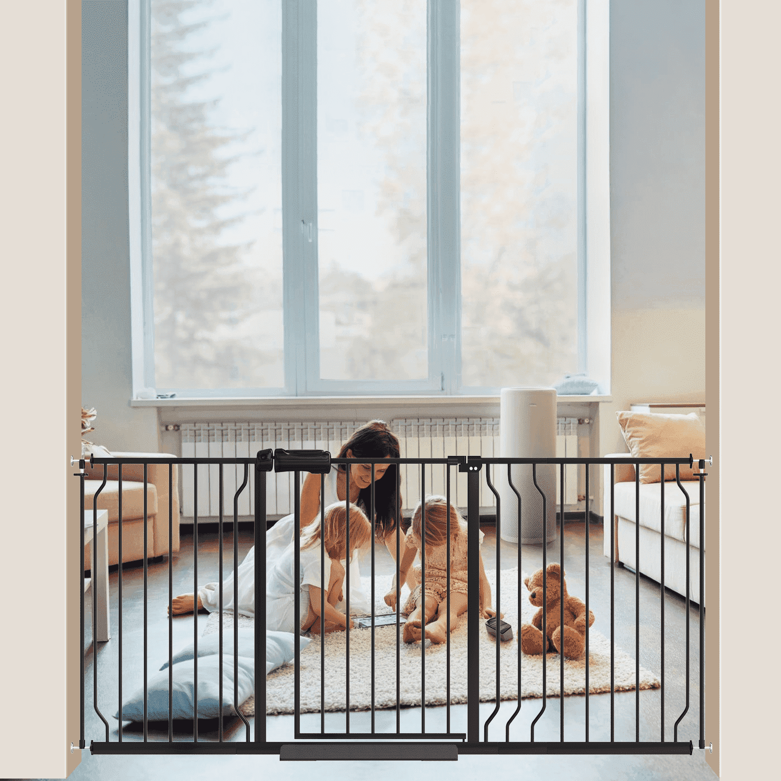 FURDEAR 56.9-65.9" Extra Wide Baby Safety Gate Walk Thru Black Metal Gate