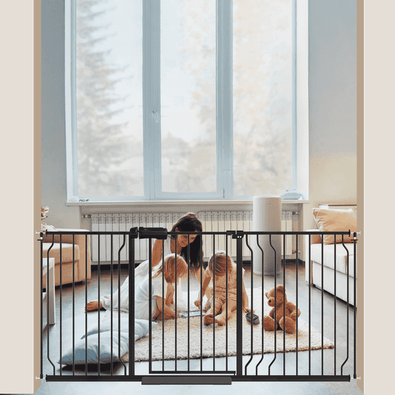 FURDEAR 56.9-65.9" Extra Wide Baby Safety Gate Walk Thru Black Metal Gate