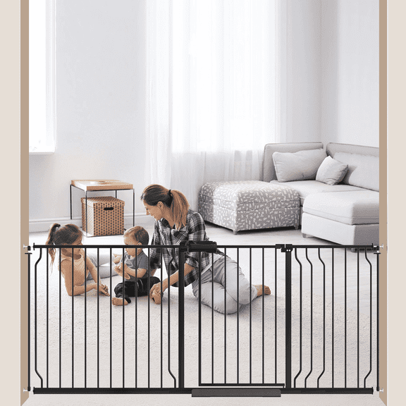 FURDEAR 65.9-75.9" Extra Wide Baby Safety Gate Walk Thru Black Metal Gate