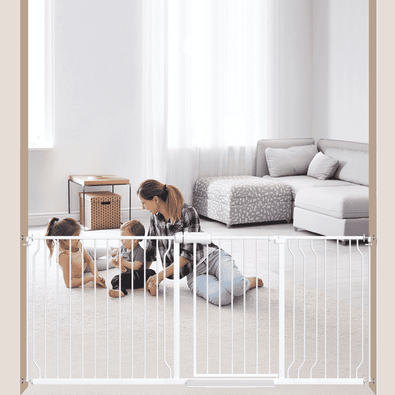 FURDEAR 65.9-75.9" Extra Wide Baby Safety Gate Walk Thru White Metal Gate
