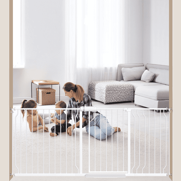 FURDEAR 65.9-75.9" Extra Wide Baby Safety Gate Walk Thru White Metal Gate