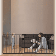 FURDEAR 76-84" Extra Wide Baby Safety Gate with Wall Protectors Walk Thru Black Metal Gate