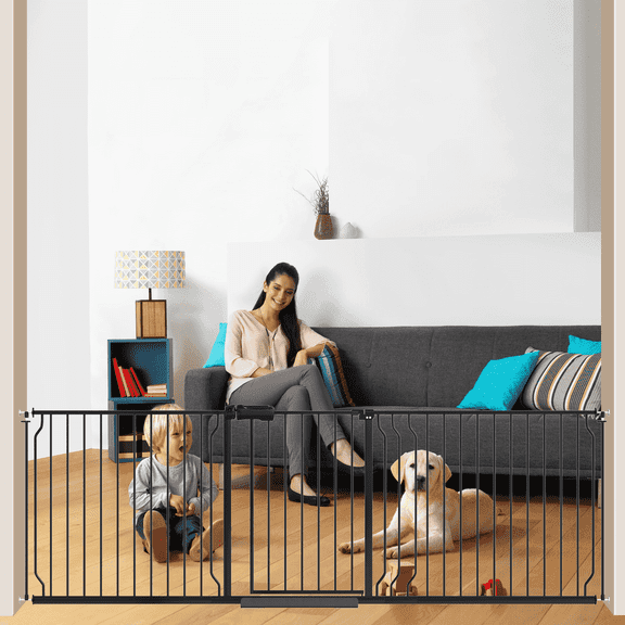 FURDEAR 84.9-94.9" Extra Wide Baby Safety Gate Walk Thru Black Metal Gate