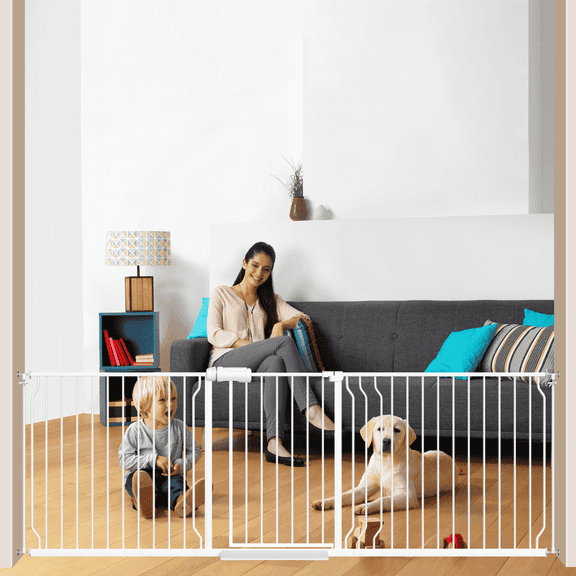 FURDEAR 84.9-94.9" Extra Wide Baby Safety Gate Walk Thru White Metal Gate