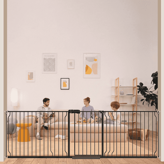 FURDEAR 95-104" Extra Wide Baby Safety Gate with Wall Protectors Walk Thru Black Metal Gate