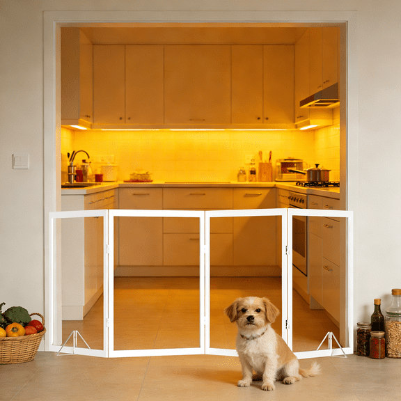 Fairy Baby 4 Panel Freestanding Dog Gate, Clear Acrylic Wooden Pet Gate 31"H x 68"W for Stairs Hallway