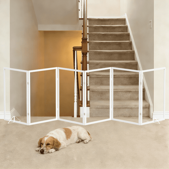 Fairy Baby 6 Panel Freestanding Dog Gate, Clear Acrylic Wooden Pet Gate 24"H x 102"W for Stairs Hallway