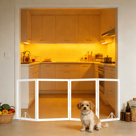 Fairy Baby 4 Panel Freestanding Dog Gate, Clear Acrylic Wooden Pet Gate 24"H x 68"W for Stairs Hallway