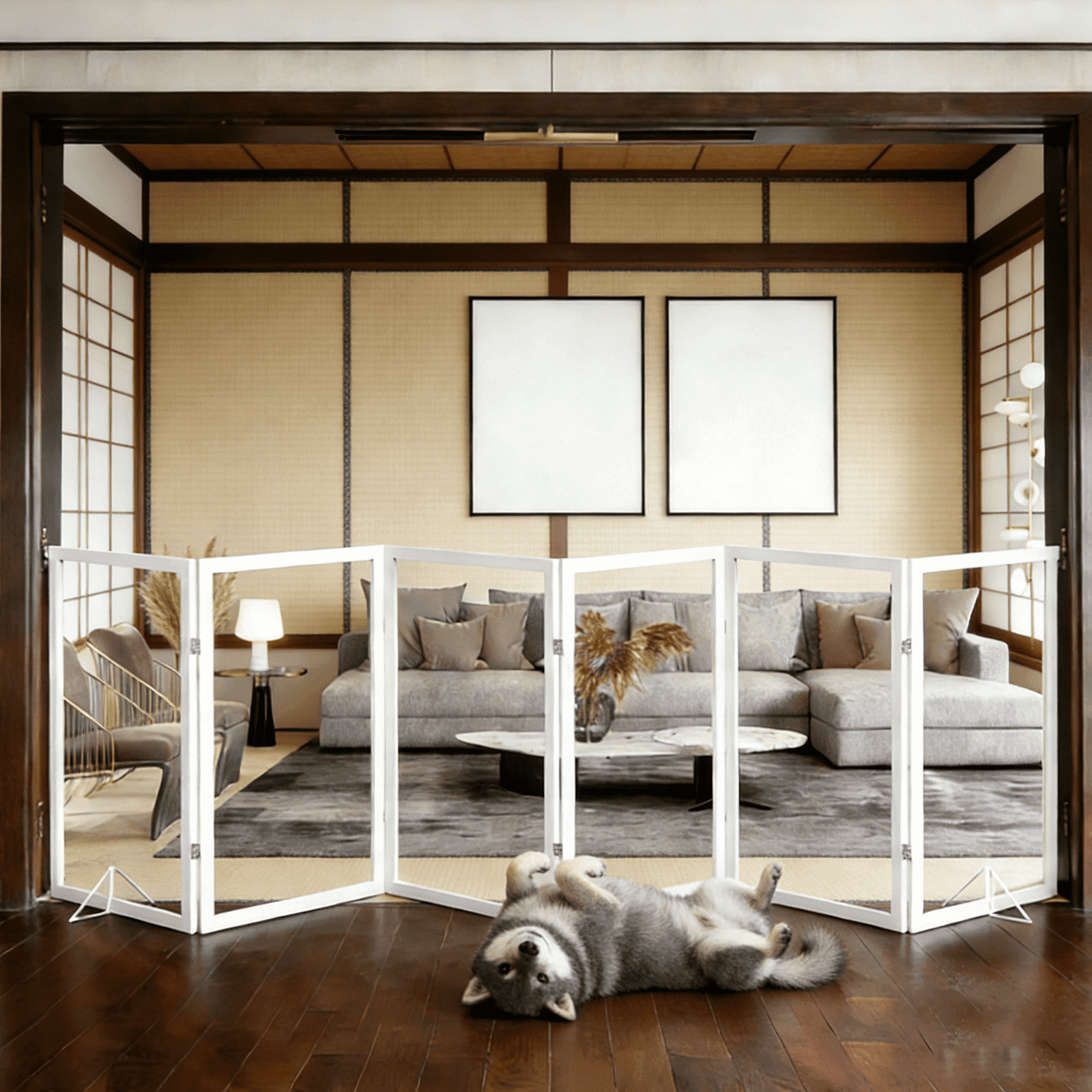 Fairy Baby 6 Panel Freestanding Dog Gate, Clear Acrylic Wooden Pet Gate 31"H x 102"W for Stairs Hallway