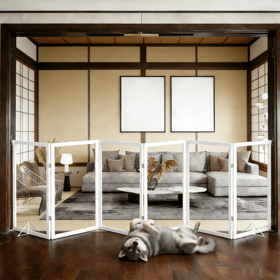 Fairy Baby 6 Panel Freestanding Dog Gate, Clear Acrylic Wooden Pet Gate 31"H x 102"W for Stairs Hallway