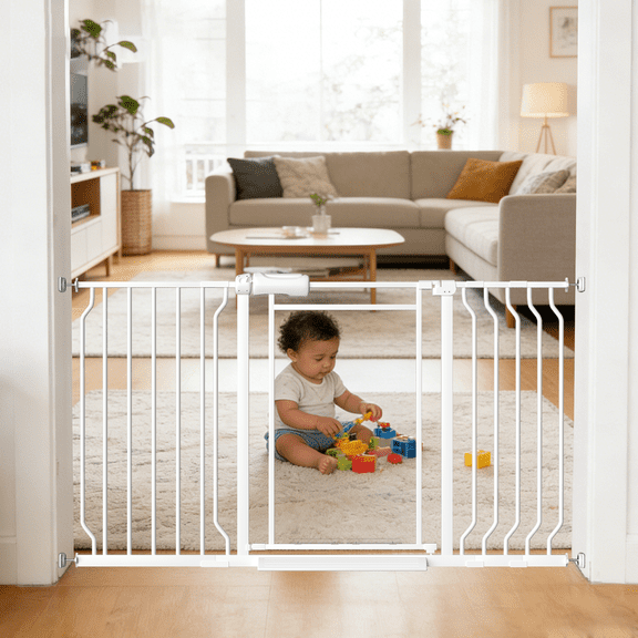 Fairy Baby Triple Lock Baby Gate with Clear Acrylic Panel - Adjustable 48-56" Wide Pressure Mount for Stairs Doorways