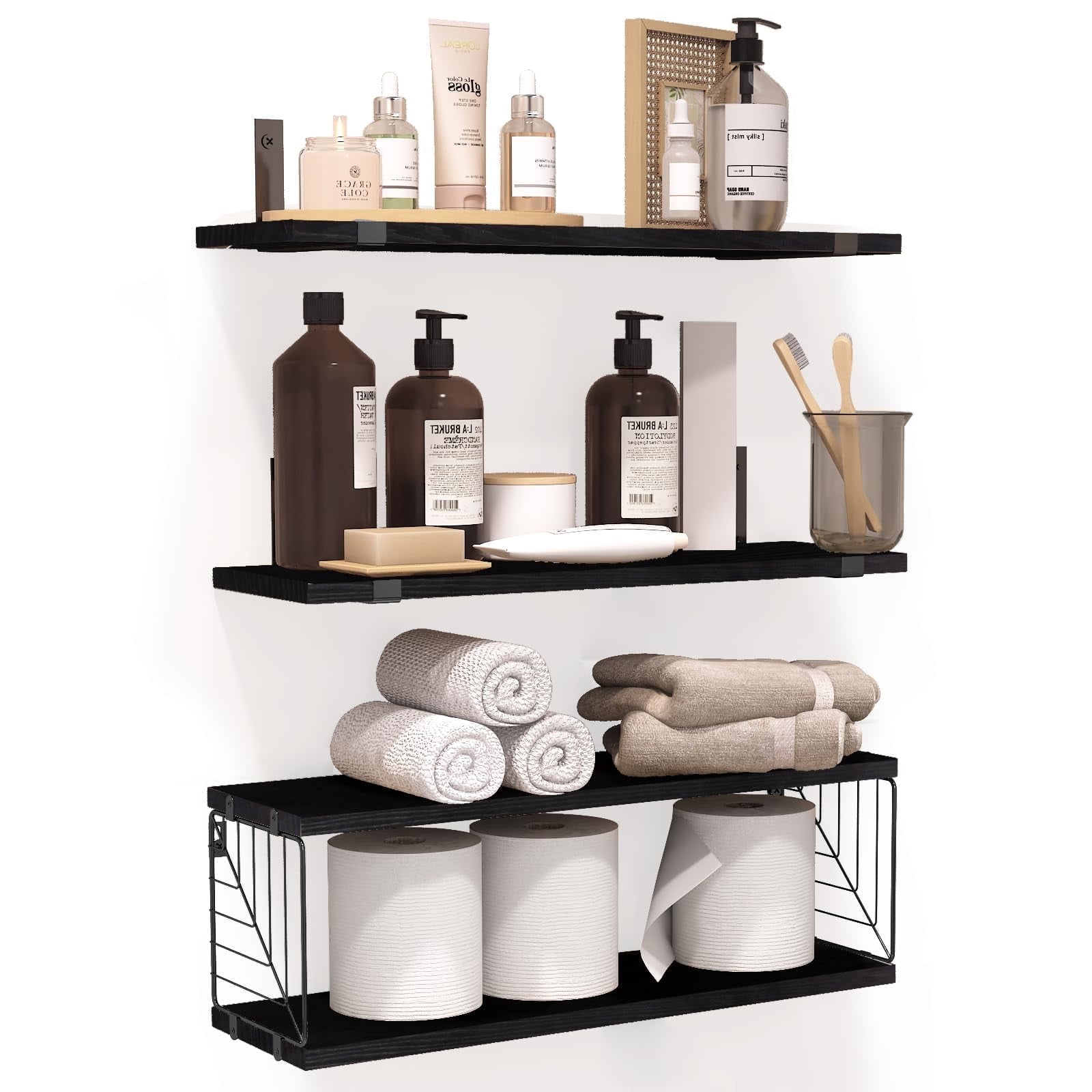 Fairy Bathroom Floating Shelves, 4 Tiers 15.8in Rustic Wood Wall Decor for Bathroom, Kitchen, Living Room, Black