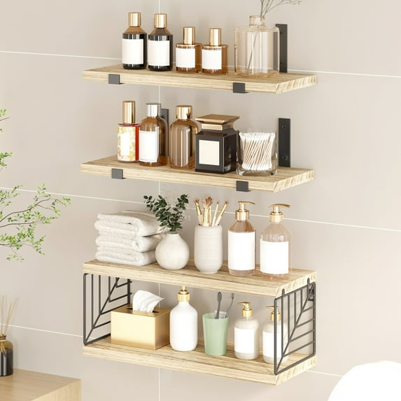 Fairy Bathroom Floating Shelves, 4 Tiers 15.8in Rustic Wood Wall Decor for Bathroom, Kitchen, Living Room, Light Wood Color