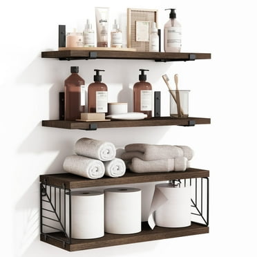 Fairy Bathroom Floating Shelves, 4 Tiers 15.8in Rustic Wood Wall Decor for Bathroom, Kitchen, Living Room, Rustic Brown