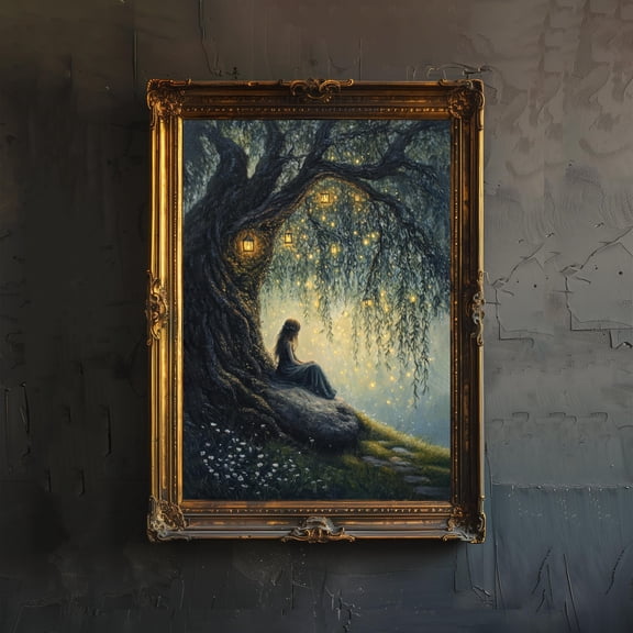 Fairy Beneath Willow Tree Poster Cottagecore Decor Dark Academia Art Enchanted Illustration Vintage Woodland Wall Art Rustic Aesthetic