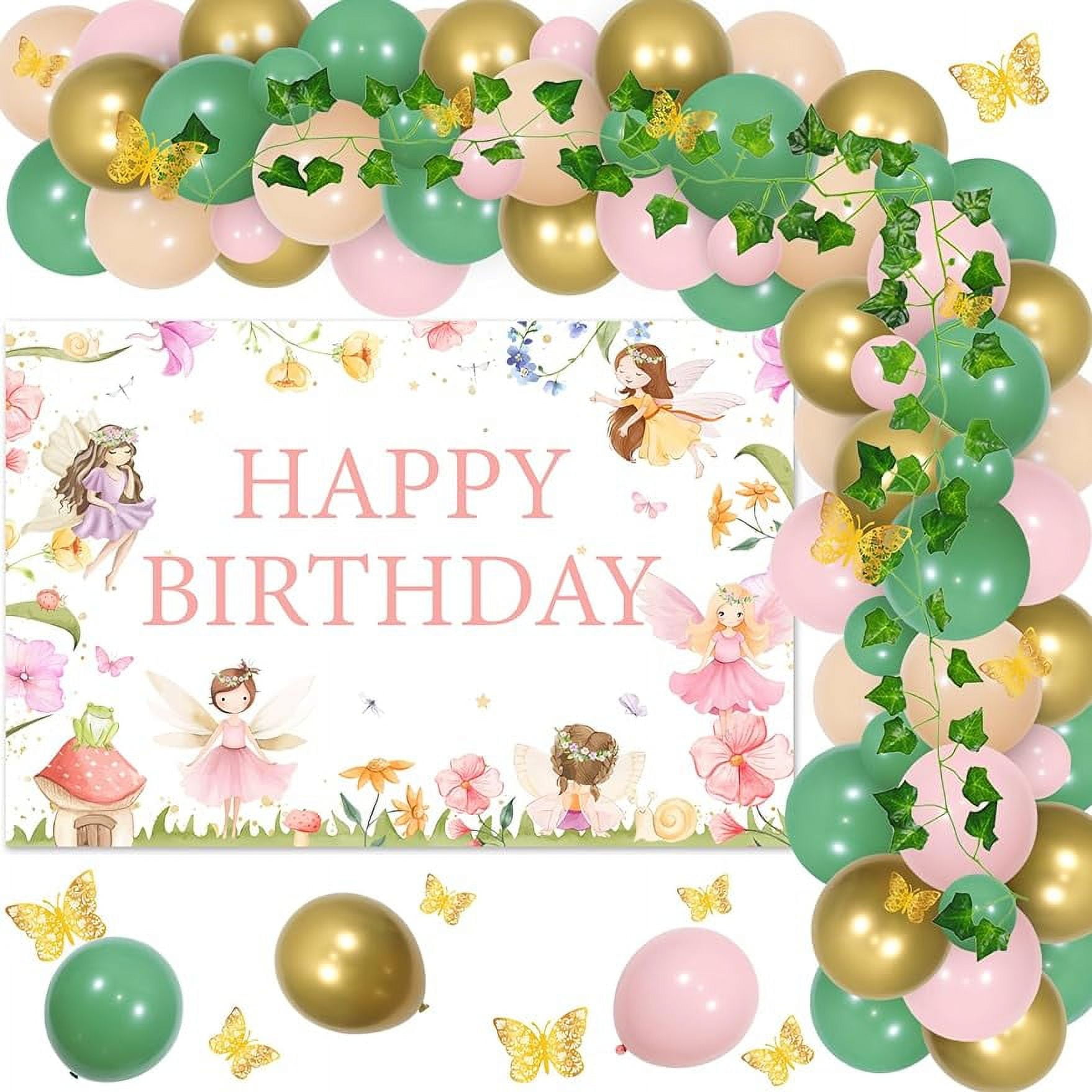 Fairy Birthday Decoration, Fairy Party Decoration Happy Birthday Backdrop Balloon Garland Arch Kit Butterfly Wall Stickers Artificial Green Leaf Garland for Girl Birthday Party Decoration