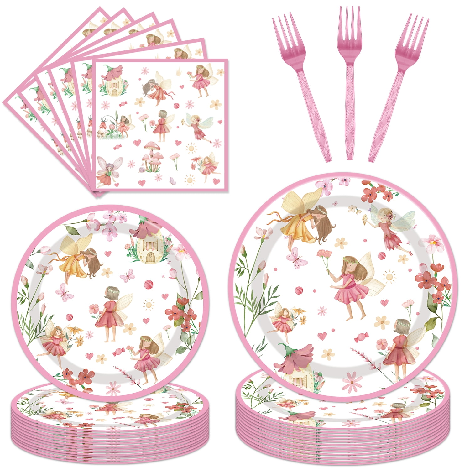 Fairy Birthday Party Supplies Tableware - 96PCS Butterfly Flower Fairies Plates and Napkins Birthday Decorations, Enchanted Forest Garden Party Tableware Set, Fairy Party Supplies Serve 24 Guests