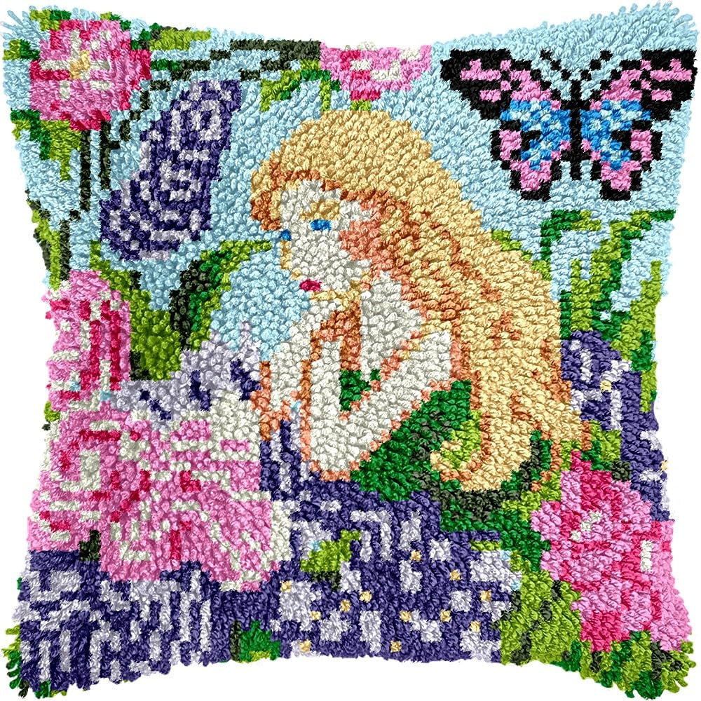 Fairy Butterfly Girl Latch Hook Pillow Kits for DIY Throw Pillow Cushion Embroidery Latch Hooking Pillowcase Kits with Preprinted Canvas Crochet Yarn Kits for Home Decor 17''X 17''(j75)