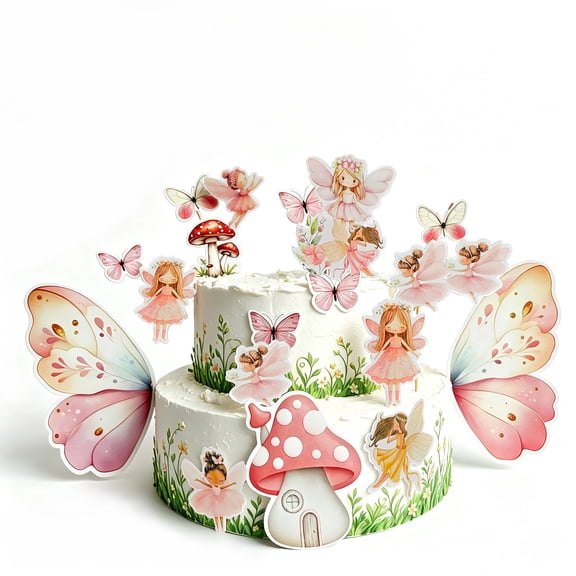 Fairy Cake Toppers Set for Girls Birthday, Pink Butterfly Mushroom Fairy Garden Cupcake Toppers, Cute Floral Fairy Party Cake Decorations (19PCS)