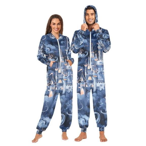 Fairy Castle Adult Onesie Pajamas Slim Fit Christmas One Piece Suit Pjs for Women and Men Hooded Zipper