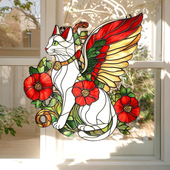 Fairy Cat Faux Wavy Acrylic Suncatcher - Wavy Acrylic Window Hanging Decor With Butterfly Wings And Flowers - Gift For Women