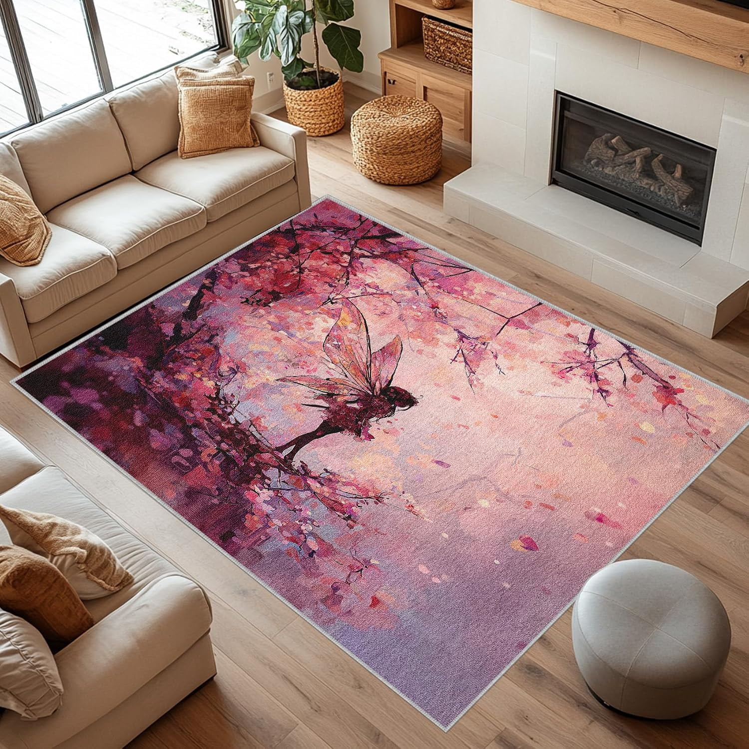 Men's Rugs Fairy Cherry Blossom Area Rugs, Fantasy Floral Carpet, Washable Non ...