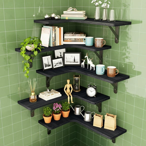 Fairy Corner Floating Shelves, Rustic Wood Corner Wall Shelves, Set of 5, 16.1x11.4 inches, Black