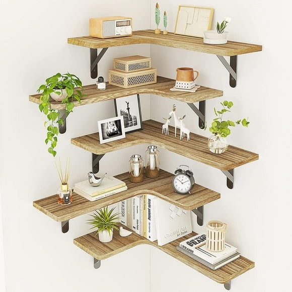 Fairy Corner Floating Shelves, Rustic Wood Wall Shelves, Set of 5, 16.1x11.4 inches, Carbonized Black