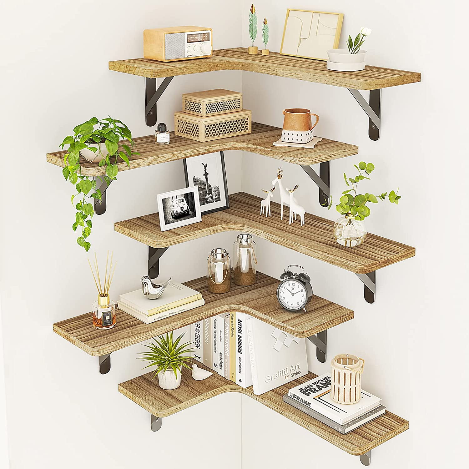 �BRAND NEW�Corner Shelf Wall Mount of 5 Tier Rustic Wood Floating Shelves Wall Shelves(BLACK)