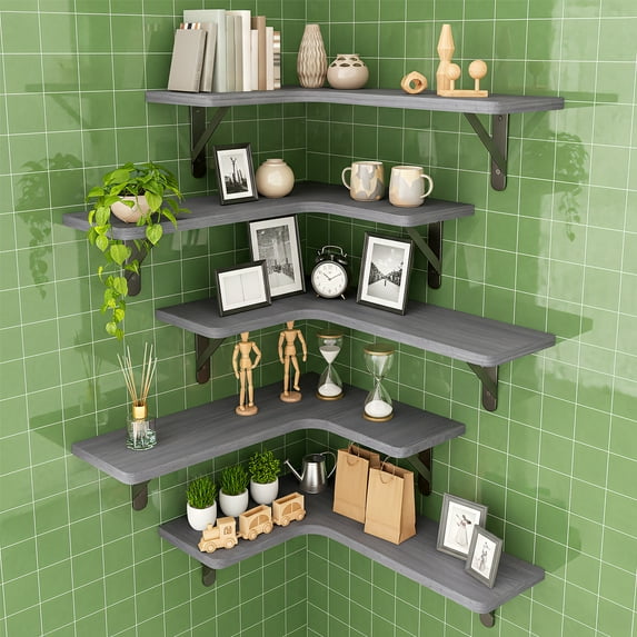 Fairy Corner Floating Shelves, Rustic Wood Wall Shelves, Set of 5, 16.1x11.4 inches, Gray